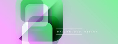 Soyut geometrik şekiller örtüşür, canlı bir gradyan arkaplan oluşturur. Yumuşak pembeler, yeşiller kompozisyona hakim. Minimalist tasarım unsurları.