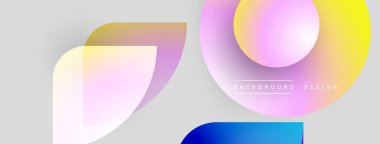 Soyut şekiller örtüşüyor, canlı renk değişimleri yaratıyor. Yumuşak renkler açık gri arkaplana karışıyor. Modern tasarım ögesi.