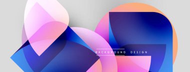 Soyut şekiller örtüşüyor, canlı gradyanlar yaratıyor. Pembe, mavi, turuncu renkler açık gri arkaplana hakim. Modern tasarım ögesi.