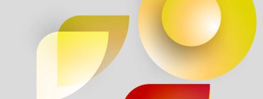 Soyut şekiller örtüşür, dinamik bileşim yaratır. Sarı, altın, kırmızı, gri arka planda karşıtlık. Modern tasarım elemanları.