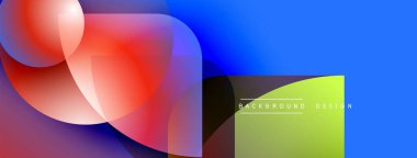 Soyut canlı tasarım, üst üste binen renkli şekiller. Mavi, kırmızı, sarı gradyanlar dinamik görsel efekt yaratır. Modern arkaplan.