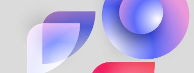 Soyut şekiller örtüşüyor, canlı renk değişimleri yaratıyor. Yumuşak maviler, pembeler, morlar açık gri arkaplanda harmanlanır. Modern tasarım.