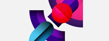 Canlı şekiller, gradyanlar ve koyu kırmızı küre içeren soyut bir kompozisyon. Modern tasarım, temiz estetik, dinamik görsel etki.