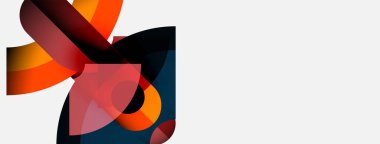 Soyut şekiller örtüşür, dinamik bileşim yaratır. Sıcak renkler, modern tasarımın sonucu olarak serin tonlara zıt düşer.