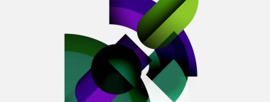 Soyut şekiller örtüşür, canlı renk karışımları yaratır. Yeşiller, morlar kompozisyona hakim. Yumuşak eğimler derinlik ve hareket önerir.