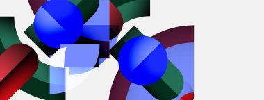 Mavi küreler, kırmızı şekiller, yeşil elementler içeren soyut bir kompozisyon. Geometrik şekilli minimalist tasarım, temiz estetik. Parlak renkler beyaz arkaplana hakim.