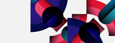 Üst üste binen daireler, kıvrımlar, canlı renkler içeren soyut kompozisyon. Eğilimli minimalist tasarım, modern estetik. Temiz arkaplan.