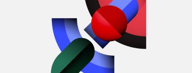 Geometrik şekilli soyut bileşim. Kırmızı küre mavi, yeşil ve siyah formlarla kesişir. Minimalist tasarım, temiz çizgiler, modern estetik..