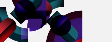 Soyut geometrik bileşim. Çemberler, bölümler, canlı renkler karışımı. Modern tasarım, temiz çizgiler, minimalist estetik. Kalın şekiller dinamik görsel etki yaratır.