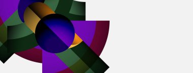 Soyut bileşim, üst üste binen canlı şekiller içerir. Mor, yeşil, turuncu renkler tasarımda baskın, dinamik görsel etki yaratıyor. Minimalist stil.