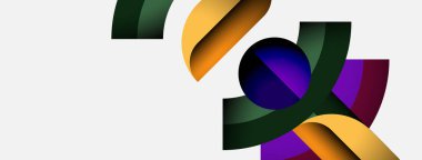 Soyut şekiller örtüşür, dinamik bileşim yaratır. Renkler altın, mor, yeşil, siyah. Minimalist tasarım, temiz arkaplan.