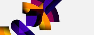 Soyut şekiller örtüşür, canlı renkler harmanlanır. Turuncu, mor beyaz arka plana hakim. Modern tasarım, dinamik kompozisyon.