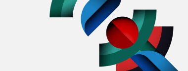 Soyut tasarım kıvrımlı kurdeleler, kırmızı küre içerir. Renkler arasında mavi, yeşil, siyah var. Minimalist kompozisyon, modern estetik.