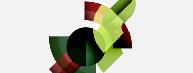 Soyut geometrik şekiller örtüşür, dinamik bileşim yaratır. Renkler arasında yeşiller, kırmızılar, kahverengiler, siyahlar ve beyaz arka plan yer alıyor.