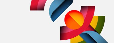 Soyut kurdeleler, küre, canlı renkler. Modern tasarım, dinamik kompozisyon, temiz arkaplan. Şekiller kesişiyor, görsel ilgi yaratıyor..