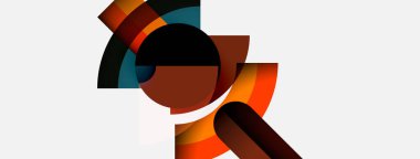 Soyut geometrik şekiller örtüşür, dinamik bileşim yaratır. Sıcak renkler baskın gelir, serin tonlarla zıtlaşır. Minimalist tasarım, modern estetik.