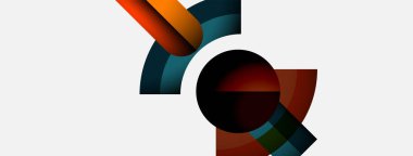 Soyut geometrik şekiller örtüşür, dinamik bileşim yaratır. Renkler arasında turuncu, deniz mavisi, kestane rengi, siyah, beyaz. Minimalist tasarım.