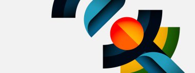 Soyut şekiller örtüşür, dinamik bileşim yaratır. Renkler arasında turuncu, mavi, sarı, yeşil, koyu gölgeler yer alıyor. Minimalist tasarım, modern estetik.