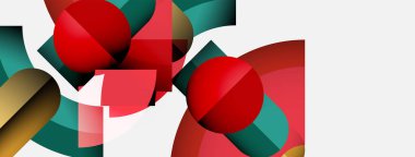 Soyut bileşim kırmızı küreler, geometrik şekiller, deniz mavisi renkleri ve beyaz boşluk içerir. Modern tasarım dinamik enerjiyi çağrıştırıyor.