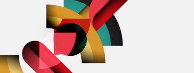 Soyut şekiller örtüşür, dinamik bileşim yaratır. Renkler kırmızı, deniz mavisi, altın, siyah, beyaz. Modern tasarım, basit geometri.