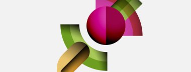 Soyut renkli tasarım. Şekiller dinamik bileşim oluşturur. Pembe çember merkeze hükmediyor, kıvrımlı şeritlerle çevrili. Modern, enerjik.