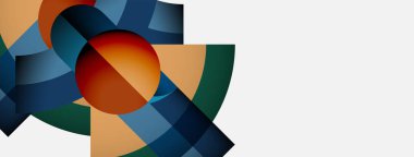 Soyut geometrik şekiller örtüşür, dinamik bileşim yaratır. Sıcak renkler, serin tonlara zıt, hareket ve derinliğe işaret ediyor. Minimalist tasarım.