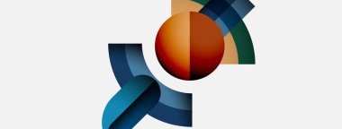 Soyut şekiller örtüşür, dinamik bileşim yaratır. Renkler arasında turuncu, mavi, yeşil, koyu renkler vardır. Minimalist tasarım, modern estetik.