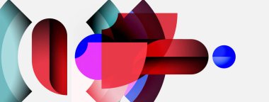 Üst üste binen renkli şekiller içeren soyut bir kompozisyon. Kırmızılar, maviler, pembeler dinamik görsel ilgi yaratır. Minimalist tasarım, modern estetik.