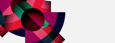 Soyut renkli tasarım. Geometrik şekiller çakışıyor, dinamik görsel etki yaratıyor. Kırmızılar, yeşiller, morlar kompozisyona hakim. Modern estetik.