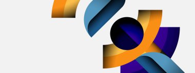 Soyut şekiller örtüşür, dinamik bileşim yaratır. Renkler arasında turuncu, mavi, mor, siyah, beyaz sayılabilir. Modern tasarım hareket ve enerji öneriyor.