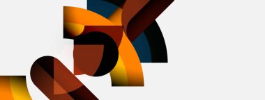 Soyut şekiller örtüşür, dinamik bileşim yaratır. Sıcak tonlar, havalı aksanların aksine baskın gelir. Minimalist tasarım, modern estetik.