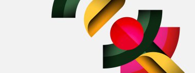 Soyut renkli kurdeleler kesişiyor. Kırmızı küre kompozisyona hakim. Minimalist tasarım, temiz çizgiler, modern estetik. Parlak renkler görsel ilgi yaratır.