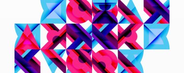 Soyut geometrik desen. Canlı üçgenler çakışıyor, dinamik görsel doku yaratıyor. Pembe, mavi, mor renkler baskın kompozisyon.