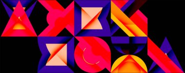 Soyut geometrik şekiller, canlı renkler, dinamik bileşim. Üçgenler, dikdörtgenler tasarıma hakim, modern estetik yaratıyorlar..