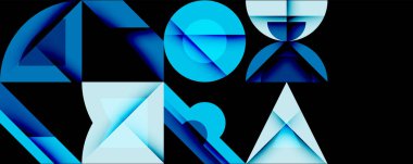 Soyut geometrik şekiller, mavi gradyanlar, modern tasarım. Kompozisyonda üçgenler, daireler, kareler, kum saati formları var. Minimalist estetik.