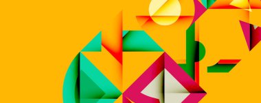 Soyut geometrik bileşim. Parlak renkler, üst üste binen şekiller dinamik görsel deneyimler yaratır. Modern tasarım, kalın karşıtlıklar.