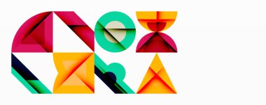 Soyut geometrik şekiller kelime kutusu oluşturur. Canlı renkler, üçgenler, kareler modern tasarım yaratır. Minimalist estetik, temiz çizgiler görsel ilgi gösteriyor.