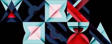 Soyut geometrik şekiller, öncelikli olarak üçgenler, karmaşık bileşim oluştururlar. Mavi, kırmızı, açık mavi renkler koyu arkaplana hakim. Modern tasarım.