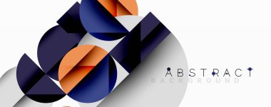 Geometrik şekiller üst üste binerek modern tasarım yaratıyor. Mavi, turuncu, gri renkler kompozisyona hakim. Minimalist estetik, temiz çizgiler mevcut.