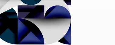Soyut geometrik tasarım. Şekiller örtüşüyor, dinamik bileşim oluşturuyor. Koyu mavi, gri, beyaz görsel alana hakim. Modern estetik.