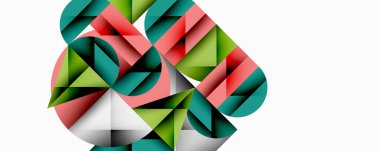 Soyut geometrik şekiller örtüşür, karmaşık desenler yaratır. Renkler arasında yeşil, kırmızı, yeşil, beyaz. Minimalist tasarım, modern estetik.