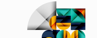 Soyut geometrik bileşim. Şekiller örtüşüyor, dinamik görsel ilgi yaratıyor. Renkler arasında mavi, turuncu, deniz mavisi, gri var. Modern tasarım.