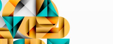 Soyut geometrik şekiller, canlı renkler, modern tasarım. Kompozisyonda üst üste binen üçgenler, kıvrımlar, sıcak tonlar var. Temiz estetik.
