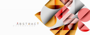 Geometrik şekiller örtüşür, dinamik soyut bileşim yaratır. Sıcak renkler beyaz arkaplandaki serin tonlara zıt düşer. Modern tasarım ögesi.