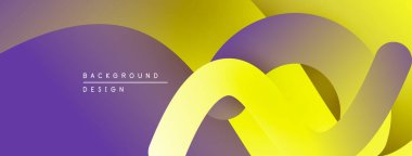 Soyut gradyanlar, akan şekiller modern görseller yaratır. Mor, sarı renkler kompozisyona hakim. Minimalist tasarım unsurları.