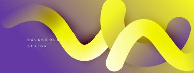 Soyut sarı kurdele mor arkaplan üzerinde akar. Dijital projeler için modern tasarım öğesi. Düz eğriler dinamik görsel oluşturur.