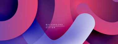 Soyut sıvı şekilleri örtüşür, canlı gradyanlar yaratır. Pembe, mor, mavi renkler dizaynda baskın. Modern, dinamik kompozisyon.