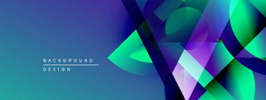 Soyut geometrik şekiller örtüşüyor, canlı mavi, mor, yeşil gradyanlar yaratıyor. Dijital projeler için modern tasarım ögesi.
