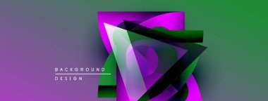 Soyut geometrik bileşim. Canlı mor, yeşil gradyanlar dinamik görsel efekt yaratır. Modern tasarım elementleri yenilik ve enerji öneriyor.