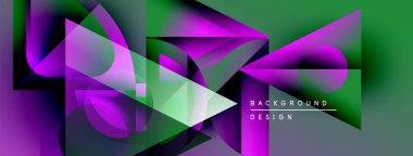 Soyut geometrik şekiller örtüşür, canlı gradyanlar yaratır. Mor, yeşil renkler tasarımda baskın, siyah arkaplanlı. Modern estetik.